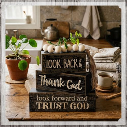 Moucuny 4 Pcs Farmhouse Table Decor Inspirational Wooden Signs Rustic Eucalyptus Leaves Wooden Block Sign Gift Thank and Trust God Farmhouse Table Centerpiece for Living Room Housewarming Gift - style: Black