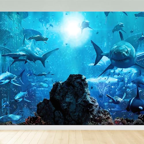 15x8ft Fabric Shark Theme Backdrop Deep-sea Ocean Shark Reef Aquarium Photography Background Birthday Theme Party Decoration Banner Kid Diver Portrait Photo Studio Props - size: 15x8 FT