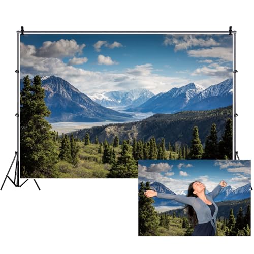 Renaiss 7x5ft Mountain Lake Backdrop Polyester Blue Sky White Clouds Pine Trees Forest Nature Landscape Background Photography for Outdoor Hiking Camping Travel Portraits Photo Booth Props - color: WSNKY03353, size: 7x5ft