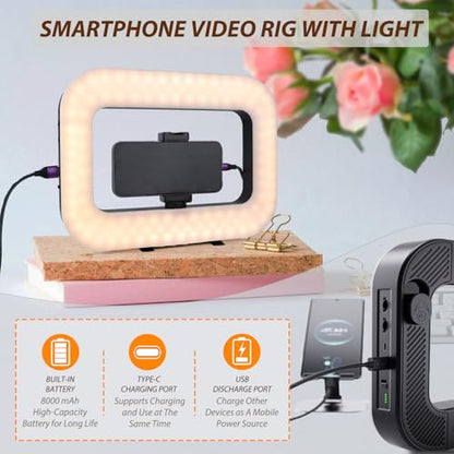 Smartphone Video Rig with Light, Handheld Ring Selfie Light Kit, LED Mobile Video Stabilizer with Built-in 8000mAh Battery for Camera, Smartphone, YouTube, TikTok Video Recording, Makeup - style: LED