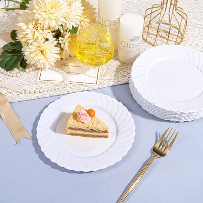 U-QE 100 Count White Plastic Plates for Party - 7 Inch Scalloped Dessert Plates Disposable Heavy Duty - Premium Hard Plastic Appetizer/Cake Plates for Party, Wedding, BBQ, Picnic and Graduation - color: 7Inch-100pcs-White