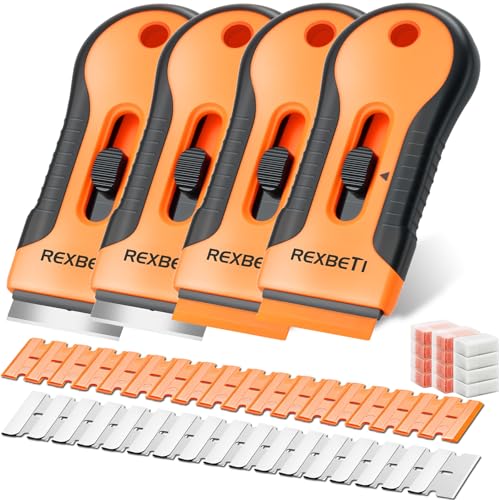 REXBETI Razor Blade Scraper Tool, 4 Pack Razor Scraper Set with Extra 120Pcs Razor Blades- 40Pcs Metal and 80Pcs Plastic Blades, Cleaning Scraper Tool, Cooktop Scraper, Paint Scraper, Glass Scraper - style: Original 4 Pack