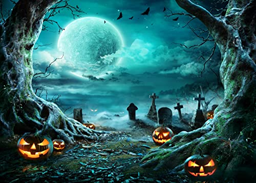 BELECO 12x10ft Fabric Halloween Graveyard Backdrop Spooky Full Moon Night Scary Pumpkin Halloween Party Decorations Photography Backdrop Adults Kids Family Holiday Party Decorations Photo Props