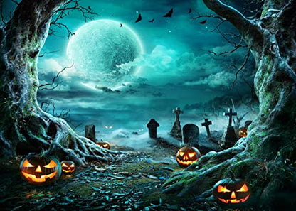 BELECO 12x10ft Fabric Halloween Graveyard Backdrop Spooky Full Moon Night Scary Pumpkin Halloween Party Decorations Photography Backdrop Adults Kids Family Holiday Party Decorations Photo Props