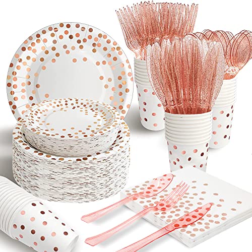 AIRE 350PCS White and Rose Gold Paper Plates Party Supplies for 50 Guests Party Decorations Dinnerware Rose Golden Dot Paper Plates Napkins Cups Gold Plastic Forks Knives Spoons for Wedding Birthday - color: 350Pcs White and Rose Gold