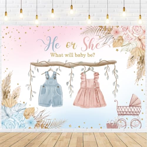 Withu Boho Gender Reveal Backdrop for Photography He Or She Blue Pink Cute Clothes Floral Flowers Boy or Girl Baby Shower Party Background Decorations Banner 6x4ft - size: 6x4ft
