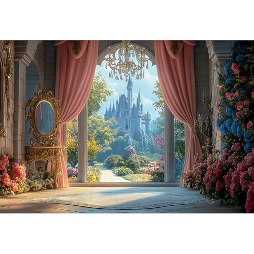 Ancient Castle Backdrop for Photography 9x6ft Pink Curtains Vintage Mirror Chandelier Floral Decor Backdrop for Wedding Girls' Birthday Party Photoshoots Studio Props - size: 9x6ft