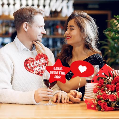 30Pcs Valentine's Day Photo Booth Props Happy Lovers Selfie Props Funny Red Heart Lip Glasses Beard Hat Wine Glass Photobooth Props for Photography for Wedding Party Photoshoot Decorations