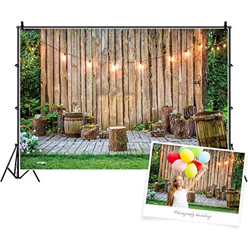 Wooden Wall Backdrop for Wedding Ceremony 5x3ft Rustic Planks Log Green Grassland Engagement Photography Background Holiday Party Activity Event Festival Decorations Photo Booth Studio - size: 5x3ft