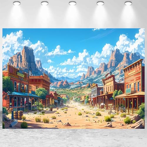7x5ft Western Backdrop Wild West Theme Cowboy Birthday Party Photography Background Vintage West Town Desert Mountain Decorations Kids Adults Portraits Banner Photo Studio Props - color: Blue, size: 7x5ft