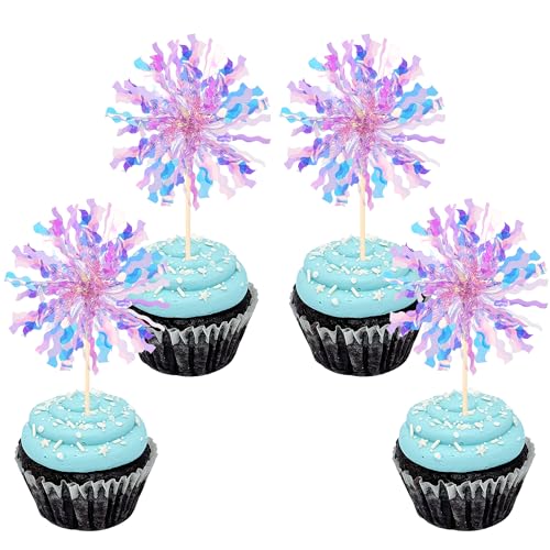 30 PCS Foil Firework Cupcake Toppers Sparkle Tinsel Cupcake Picks Happy Birthday Cake Toppers Drink Stirrers Cocktail Food Fruit Toothpicks for Baby Shower Birthday Party Decorations Supplies Purple - color: Purple
