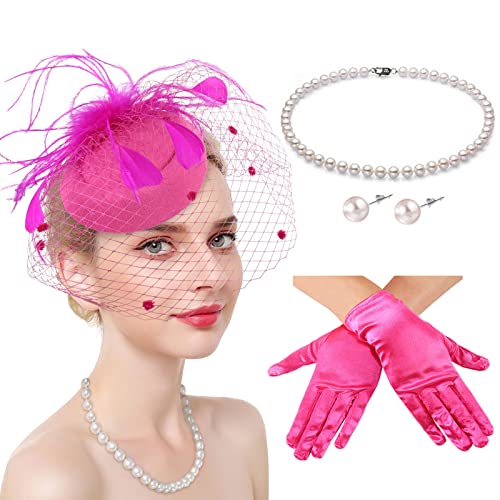 Fascinators Hats with Gloves Set for Women 20s 50s Cocktail Tea Party Wedding Costume Headwear - color: E-hot Pink