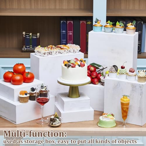 Barydat 8 Pcs Large 13.7" Wood Risers Display Stands Rustic Square Cupcake Stand Food Risers Stackable Display Box for Buffet Table Dessert Food Birthday Wedding Party(Vintage White) - color: Vintage White, size: Large