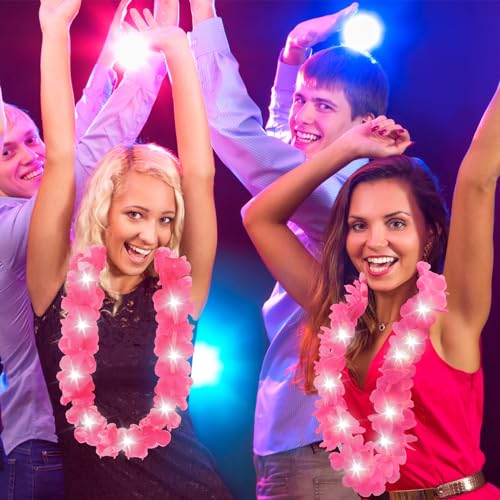 Sherr 24 Pcs LED Hot Pink Leis Light up Wedding Hawaiian Leis Flower Necklace with LED Lights Beach Tropical Carnival Party Wedding Supplies Luau for Masquerade - color: Hot Pink