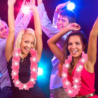 Sherr 24 Pcs LED Hot Pink Leis Light up Wedding Hawaiian Leis Flower Necklace with LED Lights Beach Tropical Carnival Party Wedding Supplies Luau for Masquerade - color: Hot Pink