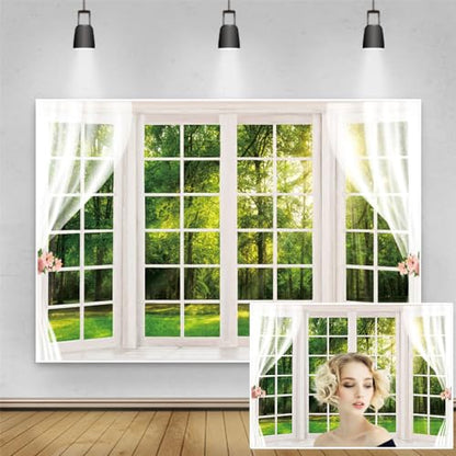 10x6.5ft Spring Window Scenery Backdrop White Windowsill Green Forest Trees Grassland Sunshine Natural Photography Background for Newborn Baby Kids Family Portrait Photo Shoot Prop Wallpaper - size: 10x6.5ft