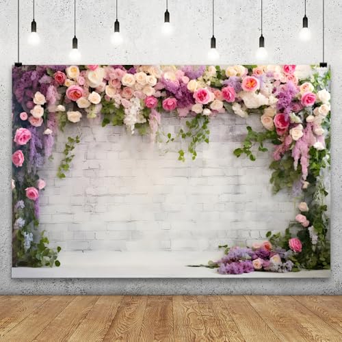 YongFoto Retro White Brick Wall Floral Arch Backdrop 5x3ft Rose Flowers Vine Leaves Photography Background Birthday Bridal Shower Wedding Party Banner Room Decor Portraits Photoshoot Wallpaper - size: 5ftx3ft