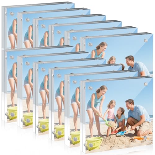 12 Pack 4X4in Acrylic Picture Frame, Clear Picture Frames Double Sided Magnetic Freestanding Photo Block Frame Desktop Display Floating Frameless Acrylic Frame Stand - size: 4X4