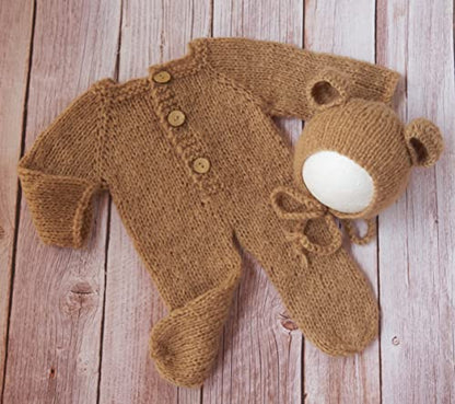 Coberllus Newborn Photography Props Outfits Mohair Bear Hat & Footed Romper for Baby Photo Props Newborn Photo Shoot Props - color: Dark Khaki