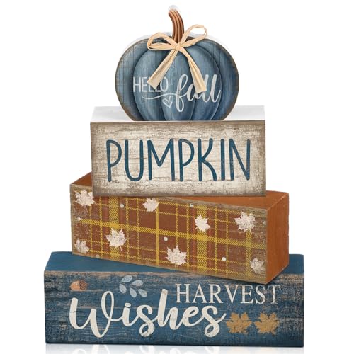 Lineshading 4 Pcs Fall Decoration for Home Wooden Blue Pumpkin Decor Thanksgiving Tiered Tray Decor Fall Centerpiece Rustic Decorative Block Signs Gift Farmhouse Autumn Table Decors for Home Kitchen - style: Blue Pumpkin