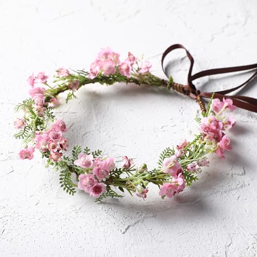 Pink Bohemian Flower Crown - Pink Babys Breath Flower Headband with Green Leaf Bohemian Floral Headpiece Hair Wreath for Women Wedding Halloween Christmas - color: Light Pink