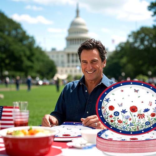 Grencian 50 Pcs 4th of July Flower Oval Paper Plates 10" × 12" Heavy Duty American Flag Plates Disposable Patriotic Platters for Independence Day Memorial Day 250th Anniversary Party Supplies Decor - style: 50Pcs 4th of July Floral Oval Plates