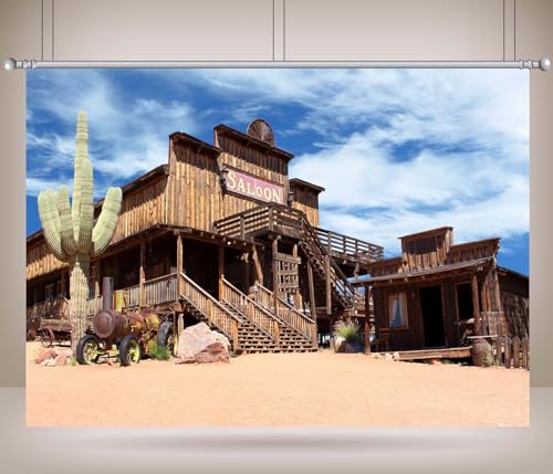 5x3ft Fabric Western Town Backdrop Western Town Saloon Photography Background Countryside Wood House Background Rural Western Bar Desert Photo Backdrop Birthday Party Photo Prop - size: 5x3ft