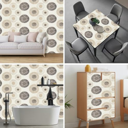 HOMETITUTE Wallpaper Peel and Stick Neutral Beige Geometric Circle Burst Contact Paper Wall Paper Stick 17.7" x 118.1" Self Adhesive Removable Vinyl Wall Covering Bedroom Kitchen Bathroom Home Decor - color: Beige Geometric Circle