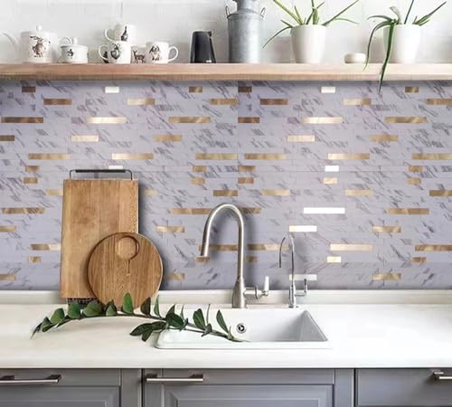 10 Sheets Peel and Stick Backsplash Tile for Kitchen, Self-Adhesive Mosaic Tile, Stick on Bathroom Vanities, Fireplace Decor, Laundry Table, White Marble + Gold-3, Metal Aluminum PVC Material - color: White Marble + Gold-3