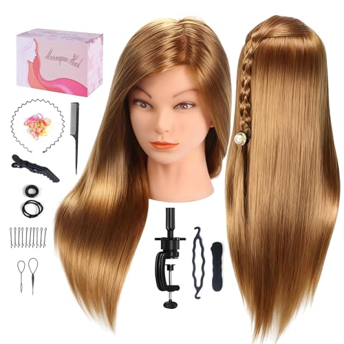 Mannequin Head with Hair, Beauty Star Doll Head for Styling, 20 Inch Long Gold Syntheic Hair Cosmetology Manikin Training Head Model, Hairdressing Practice Head with Clamp Stand and Braiding Kit - color: Gold