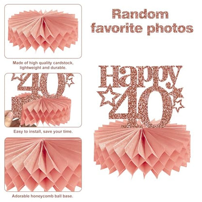 Guiruiy 8Pcs Happy 40th Birthday Decorations Honeycomb Centerpieces for Women, Pink Rose Gold Glitter Hello 1986 40 Birthday Photo Table Centerpieces Party Supplies, Pink Forty Bday Photo Table Topper - style: Rose Gold 40th