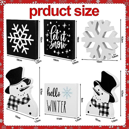 Huwena 6 Pcs Winter Tiered Tray Decor Snowflake Table Signs Hello Winter Wood Blocks Farmhouse Let It Snow Wood Decor for Table Shelf(Cute Style) - style: Cute Style
