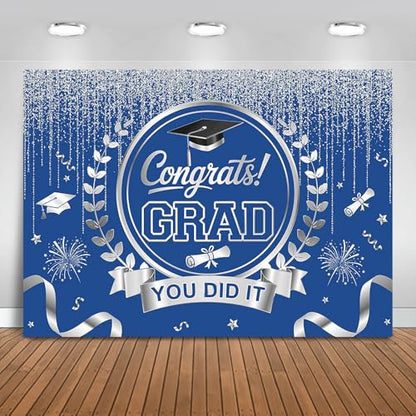 Graduation Backdrop Congrats Grad You Did It Party Decorations Background Congratulations Graduate Class of 2026 Banner Photo Booth Props (Blue and Silver, 7x5ft) - color: Blue and Silver