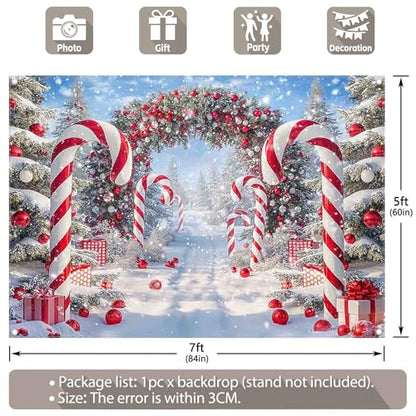Fabric 7x5ft Merry Christmas Cane Candy Photography Backdrop Winter Snow Scene Xmas Tree Background New Year Eve Party Decoration Holiday Photo Banner Props - size: 7'x5'