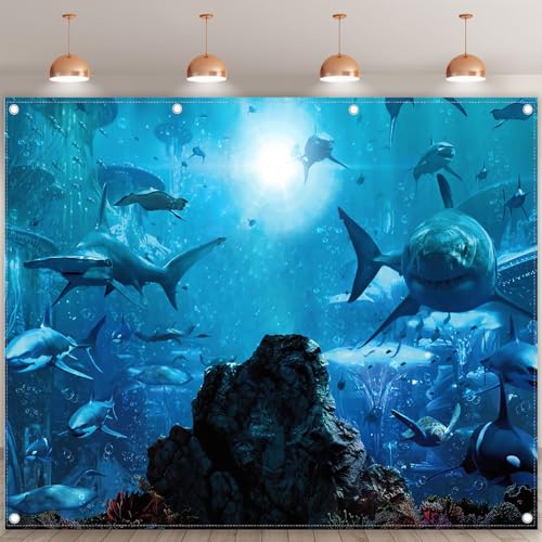 Fabric 10x8ft Shark Theme Photography Backdrop Underwater Deep Ocean Animals Fish Background Aquarium Kids Party Decorations Photo Banner Props - size: 10'x8'