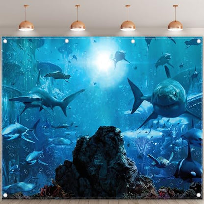 Fabric 10x8ft Shark Theme Photography Backdrop Underwater Deep Ocean Animals Fish Background Aquarium Kids Party Decorations Photo Banner Props - size: 10'x8'