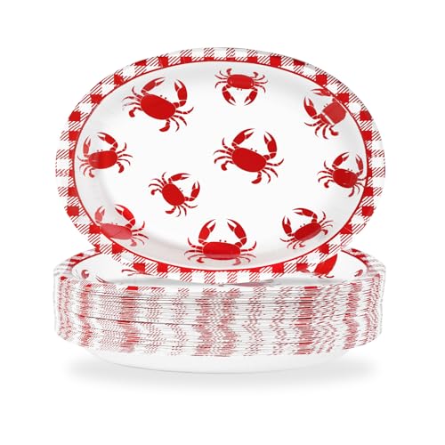 Grencian 50Pcs Crab Boil Oval Paper Plates 10"×12" Large Red Gingham Crab Party Plates Disposable Heavy Duty Summer Seafood Boil Party Supplies for BBQ Picnic Cookout Gathering Carnival Birthday Decor - style: Crab Oval Plates