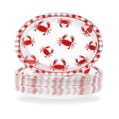 Grencian 50Pcs Crab Boil Oval Paper Plates 10"×12" Large Red Gingham Crab Party Plates Disposable Heavy Duty Summer Seafood Boil Party Supplies for BBQ Picnic Cookout Gathering Carnival Birthday Decor - style: Crab Oval Plates