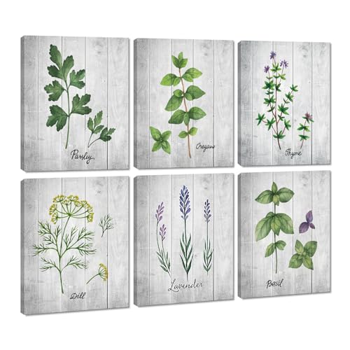 Yatsen Bridge Kitchen Wall Art Canvas Print Set Botanical Herbs Art Poster Various Green Plant Painting Wood Texture Background Picture Artwork for Home Decorations Framed Ready to Hang - 8"x10" - color: Flower-02