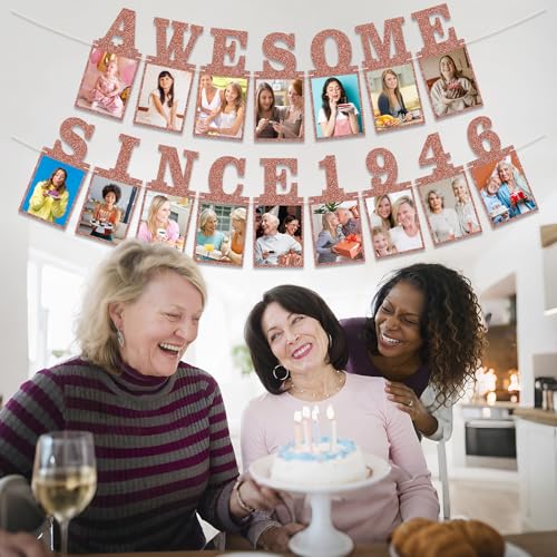 Pre-strung Awesome Since 1946 Photo Banner Birthday Decorations for Women- Pink Rose Gold Glitter 80th Birthday and Anniversary Decorations Party Supplies - style: Pink Rose Gold 80th
