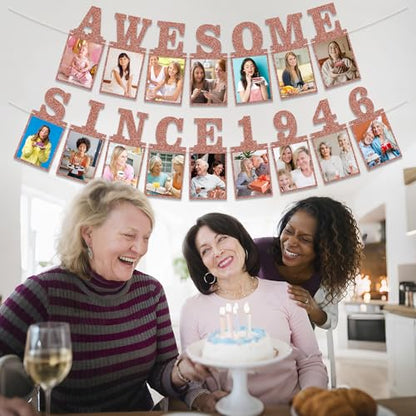 Pre-strung Awesome Since 1946 Photo Banner Birthday Decorations for Women- Pink Rose Gold Glitter 80th Birthday and Anniversary Decorations Party Supplies - style: Pink Rose Gold 80th
