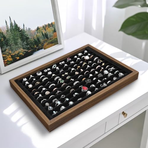 MOOCA 2 Pcs Wooden Ring Display Tray Set with Black Suede Lining, Ring Organizer for Jewelry Storage and Display, Walnut Color, 14W x 9.7D x 1.2H in - color: Black Velvet, Walnut Tray, 10 Long Slots