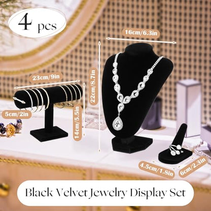 Wenqik 4 Pcs Velvet Jewelry Display Set Velvet Necklace Bust Holder Bracelet Organizer 2 Ring Finger Jewelry Holder - color: Black