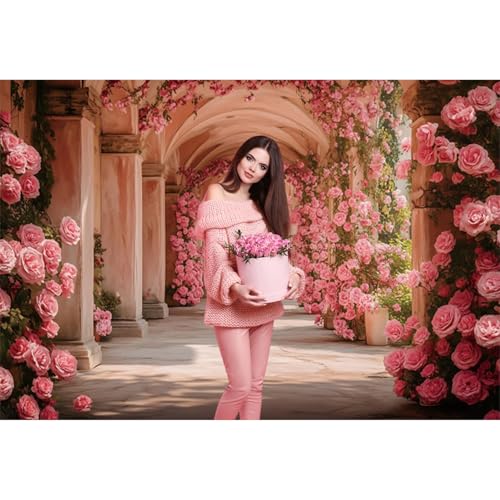 5x3ft Pink Flowers Backdrops for Photoshoot Rose Arch Corridor European Carving Wall Photo Background for Women Bridal Shower Birthday Marriage Valentines Mothers Day Backdrop Decorations - color: pink, size: 5x3ft