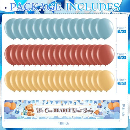 We Can Bearly Wait Baby Shower Decorations Set with 50 Balloons Large 10ft Fabric Banner Blue Brown Boho Teddy Bear Theme Party Supplies for Boy Gender Reveal Backdrop Yard Sign Photo Prop