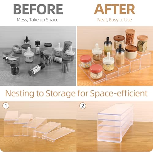 5-Pack Acrylic Spice Rack(10.8"~12.4"L), Seasoning Organizer with Non-Slide Silicone Pads, Clear Cabinet Organizer Shelf for Kitchen Countertop, Cupboard, Pantry, Shelf Riser Rack for Cans and Cups