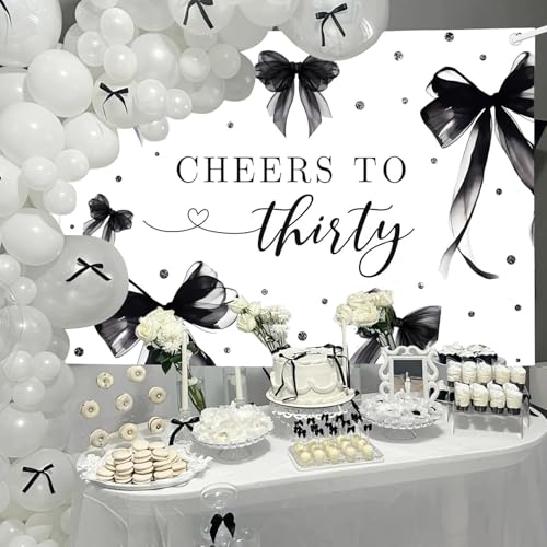 MEHOFOND Coquette 30th Birthday Backdrop for Women Cheers to Thirty Photography Background Black Bow Theme Birthday Party Banner 30 Years Celebration Party Photo Props 6x3.6ft - color: Black, size: 6x3.6ft