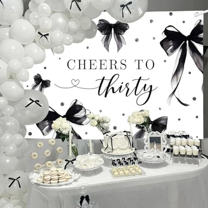 MEHOFOND Coquette 30th Birthday Backdrop for Women Cheers to Thirty Photography Background Black Bow Theme Birthday Party Banner 30 Years Celebration Party Photo Props 6x3.6ft - color: Black, size: 6x3.6ft