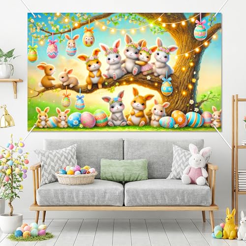 BlissYard Happy Easter Party Banner Spring Easter Bunny Backdrop Decorations Cute Rabbits Colorful Eggs Photography Background Banner for Easter Spring Party Baby Shower Party Decorations 71 x 43 - color: Easter Bunny#8