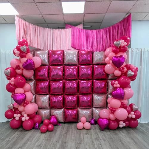 Hot Pink Square Foil Balloon Wall,25Pcs Double Sided Balloons Backdrop Foil Balloon Tunnel Arch Garland Kit for Valentine's Day Birthday Bridal Anniversary Baby Shower Party Decorations - style: Hot Pink
